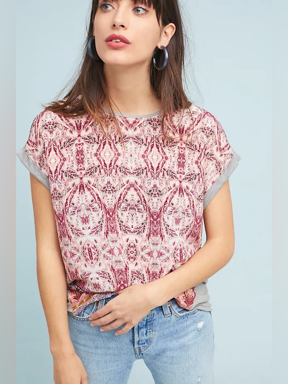 8 Medium Anthropologie kachal Arabella silk top pink gray paisley pattern tee